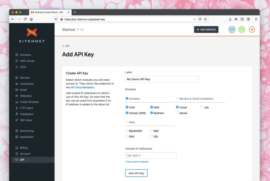 SiteHost control panel screenshot, 
