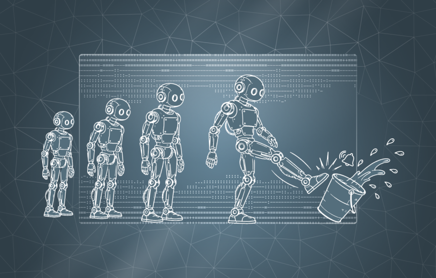 Four illustrated robots line up to kick a bucket.